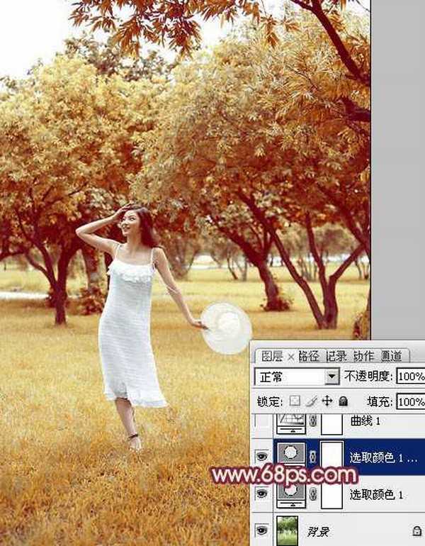 Photoshop为草地上面的美女图片调制出漂亮的秋季蓝橙色效果