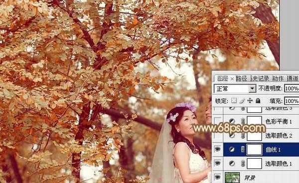 Photoshop将树林婚片打造出柔和温馨的秋季暖色调