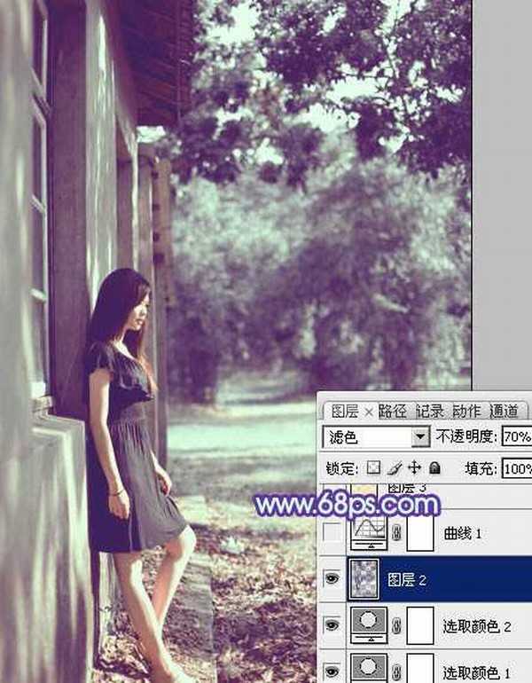 photoshop利用通道替换将房檐下美女图片增加上柔和的蓝色效果