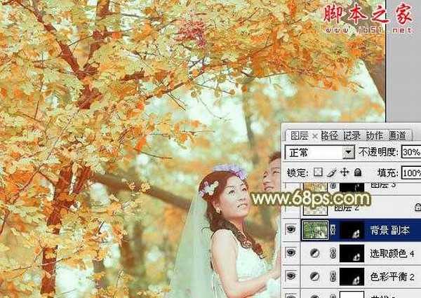 Photoshop将树林婚片打造出柔美的橙绿色