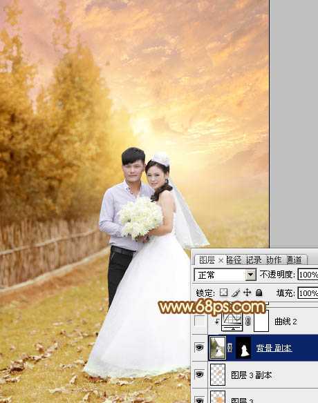 Photoshop为泛白的顺林婚片增加柔美的霞光效果教程