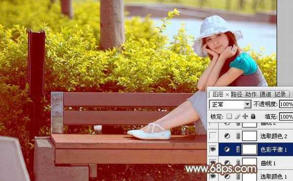 Photoshop为坐在公园椅子上的美女图片增加流行的韩系黄褐色