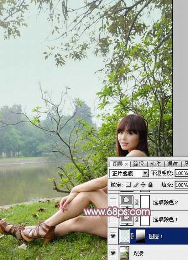 Photoshop为河边的美女增加柔和的韩系粉红色