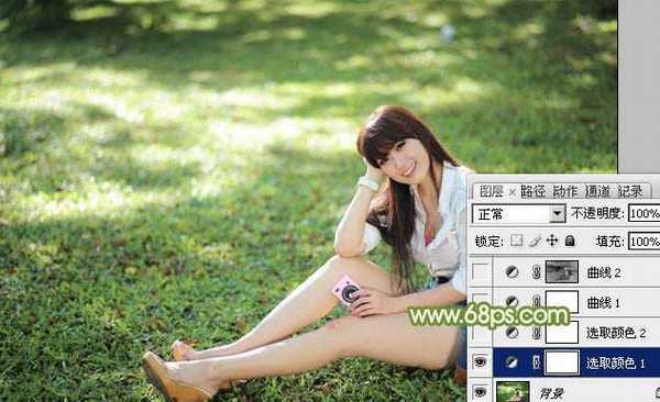 Photoshop将绿草上的美女打造出甜美的韩系淡绿色