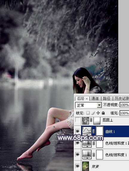 Photoshop将湖景美女图片打造出个性的中性暗蓝色