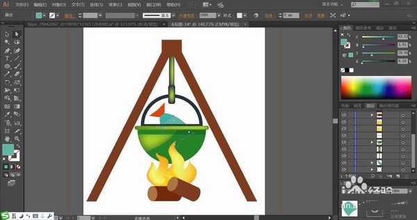 ai怎么设计火堆煮鱼的插画? ai烤鱼架矢量图的画法